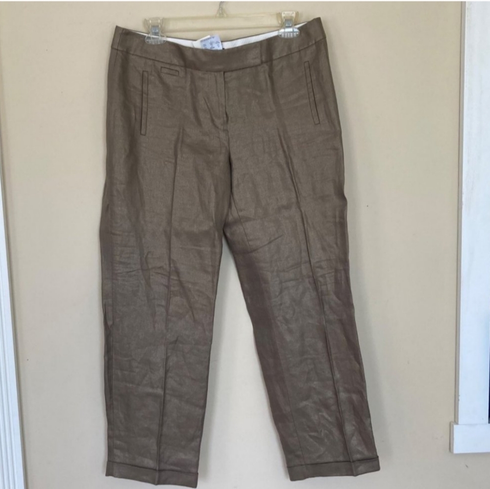 J Crew Crespi Italian Linen Metallic 100% linen Trouser Pants Cropped Bronze 10